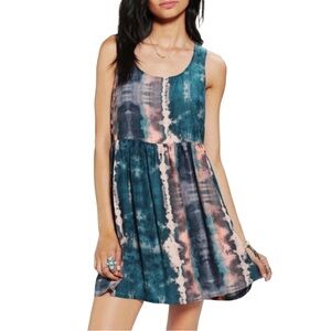 Urban Outfitters Teal and Peach Tie-Dye Babydoll Mini Dress with Cut-Out